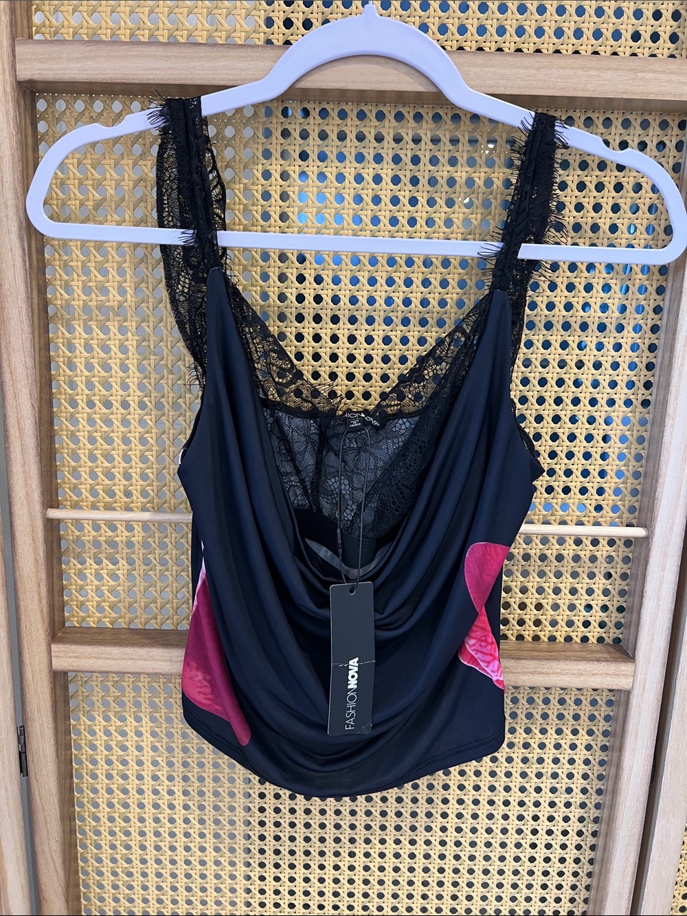Fashion Nova Black Cowl Neck Lace Tank with Pink Accents
